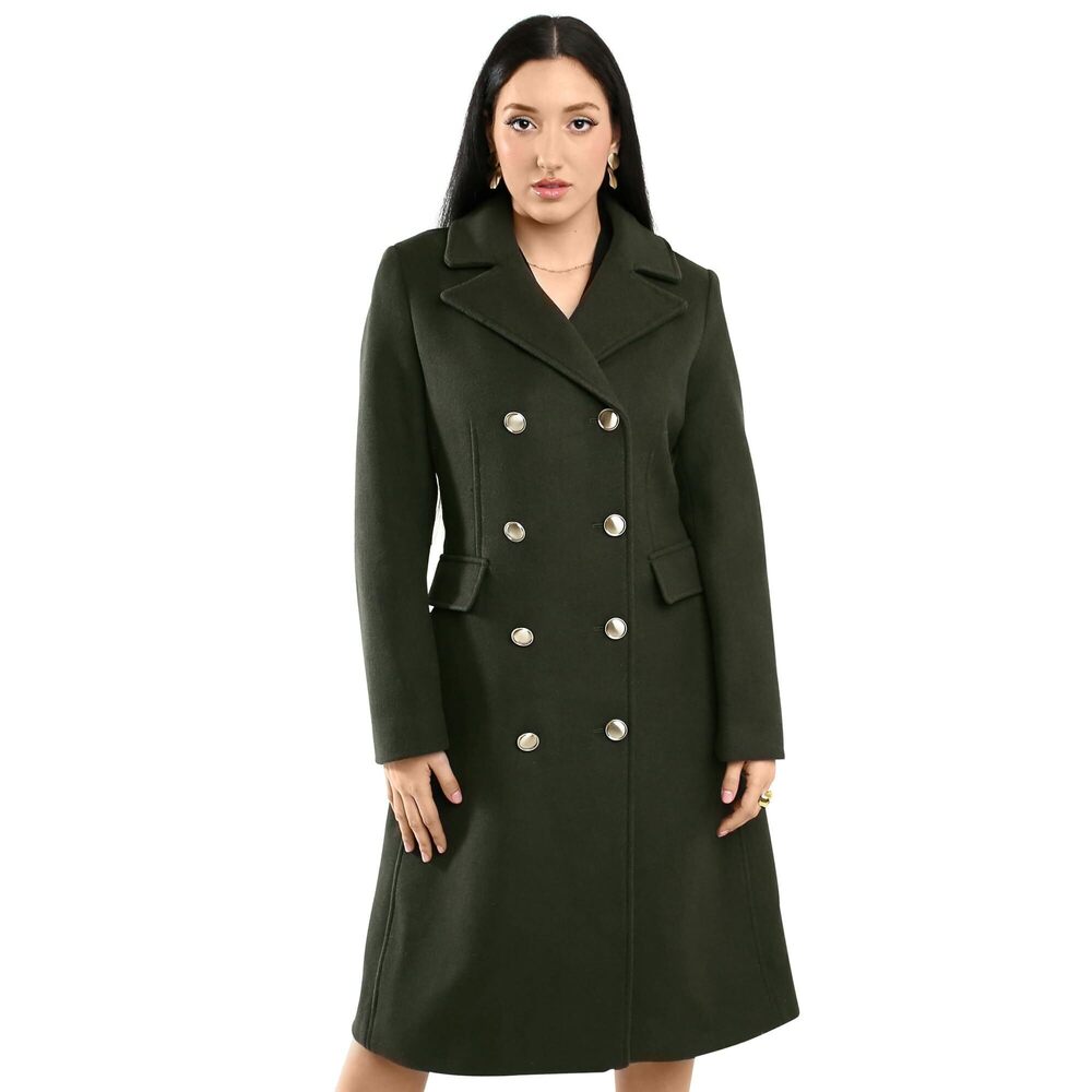 Vince Camuto Women's Double-Breasted Wool Coat with Faux Collar, Olive, Size S